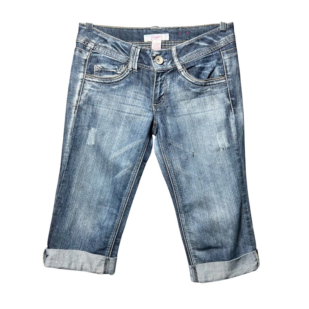 Vintage Y2K Candies Blue Denim Capri Jeans Embroidered Pocket Cuffed Size 7